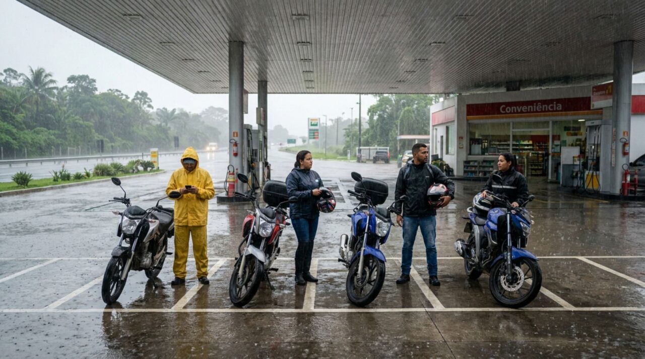 Motociclistas estacionam sob um viaduto para esperar a chuva forte diminuir e descobrem, ao serem parados por agentes que estavam passando, que se proteger do temporal não elimina as regras de circulação de trânsito, nem autoriza parada na rodovia, mesmo que no canto