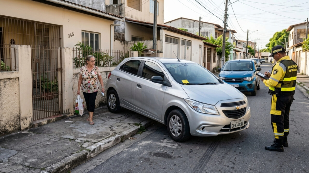 Motorista estaciona com duas rodas em cima da calçada da sua casa para não atrapalhar o fluxo de rua estreita e acaba pagando caro por bloquear a passagem de pedestres