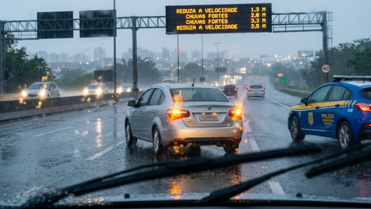 Motorista liga o pisca-alerta com o carro em movimento durante chuva forte para ser visto e é multado: o CTB só permite o uso em situações específicas