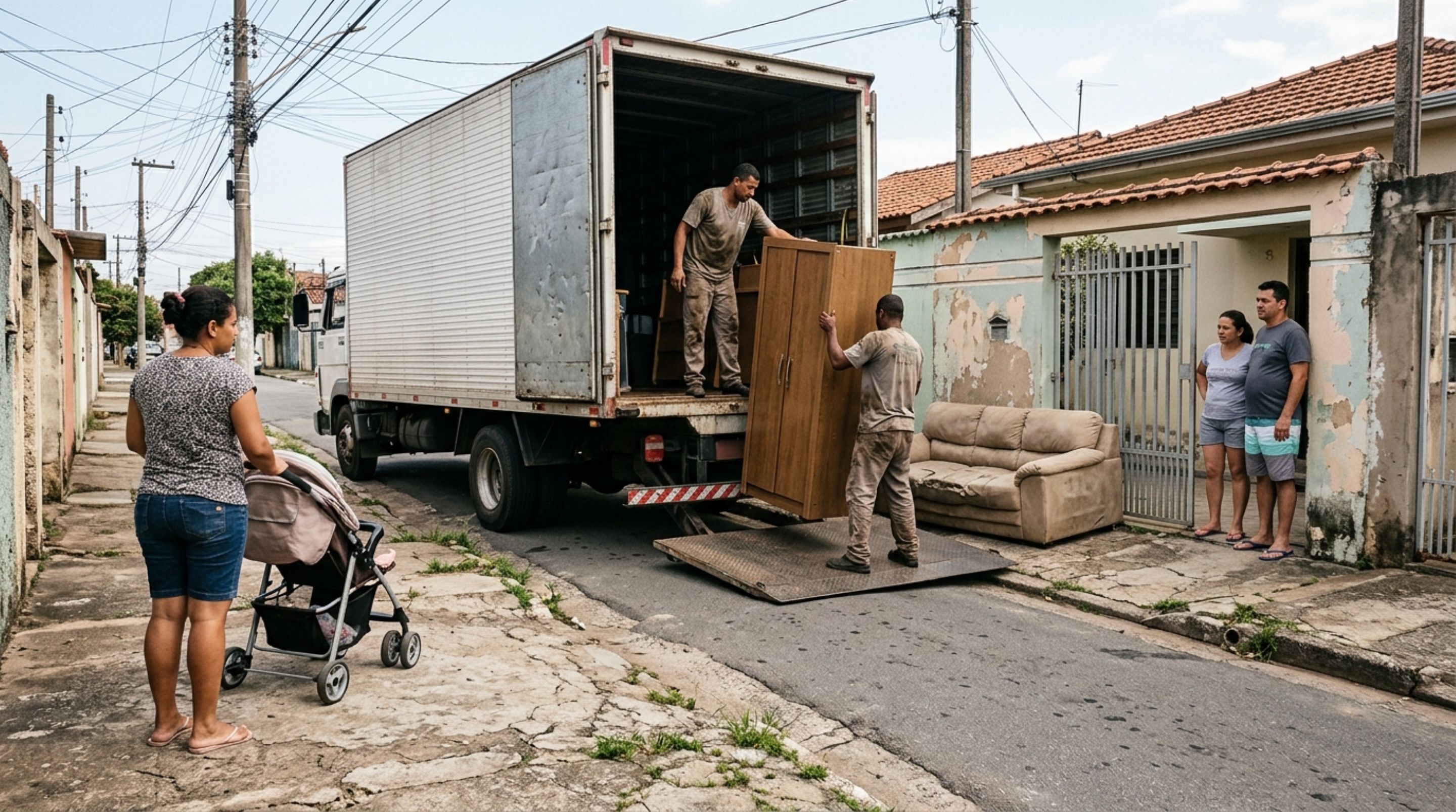 Casal contrata um caminhão de mudança, autoriza o motorista a ocupar a passagem de pedestres enquanto descarrega os móveis e descobre que a operação de carga não permite bloquear qualquer espaço da rua - Foto
