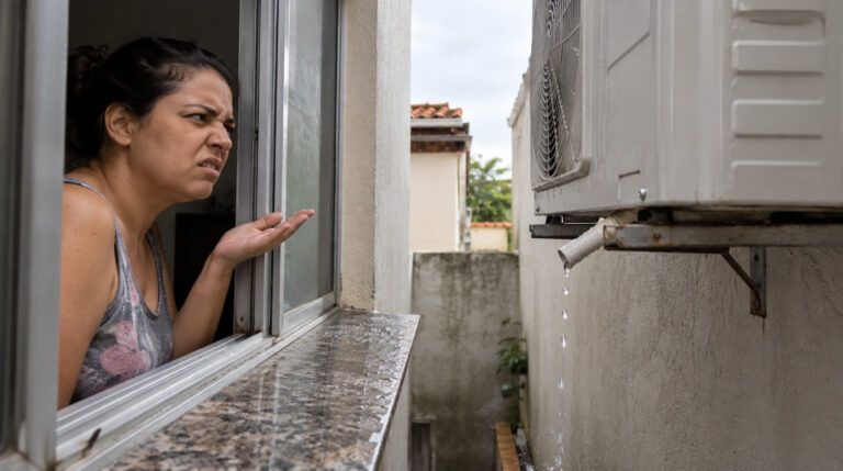 Vizinho instala um ar-condicionado com a condensadora virada para o muro e moradora ao lado percebe que o ar quente e o gotejamento atingem diretamente sua janela