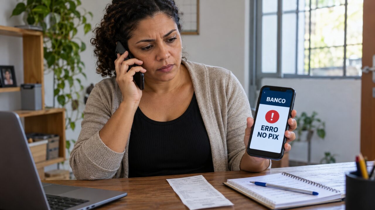 Mulher seleciona um contato salvo para pagar uma encomenda por Pix e só percebe que enviou o dinheiro à pessoa errada quando confere o nome no comprovante