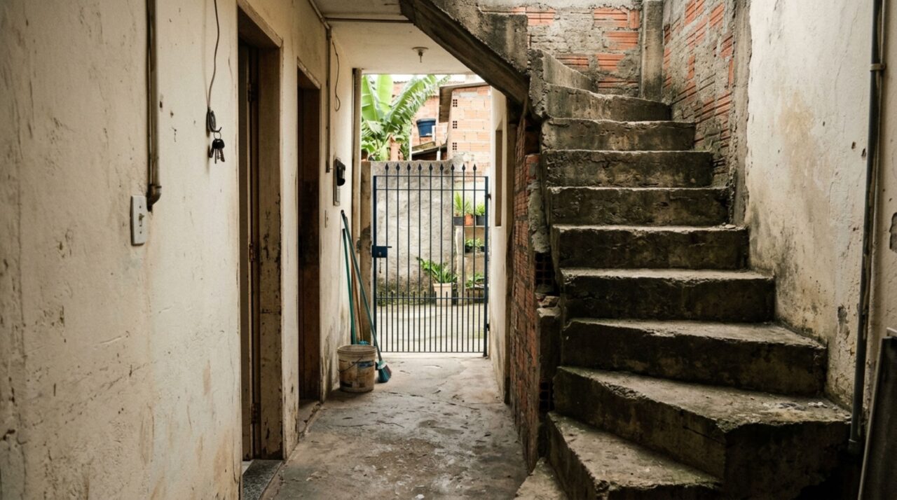 Mulher reforma a entrada de casa e descobre que a escada construída pelo vizinho ocupa parte de seu corredor, exige a remoção e recebe oferta para vender a faixa de passagem
