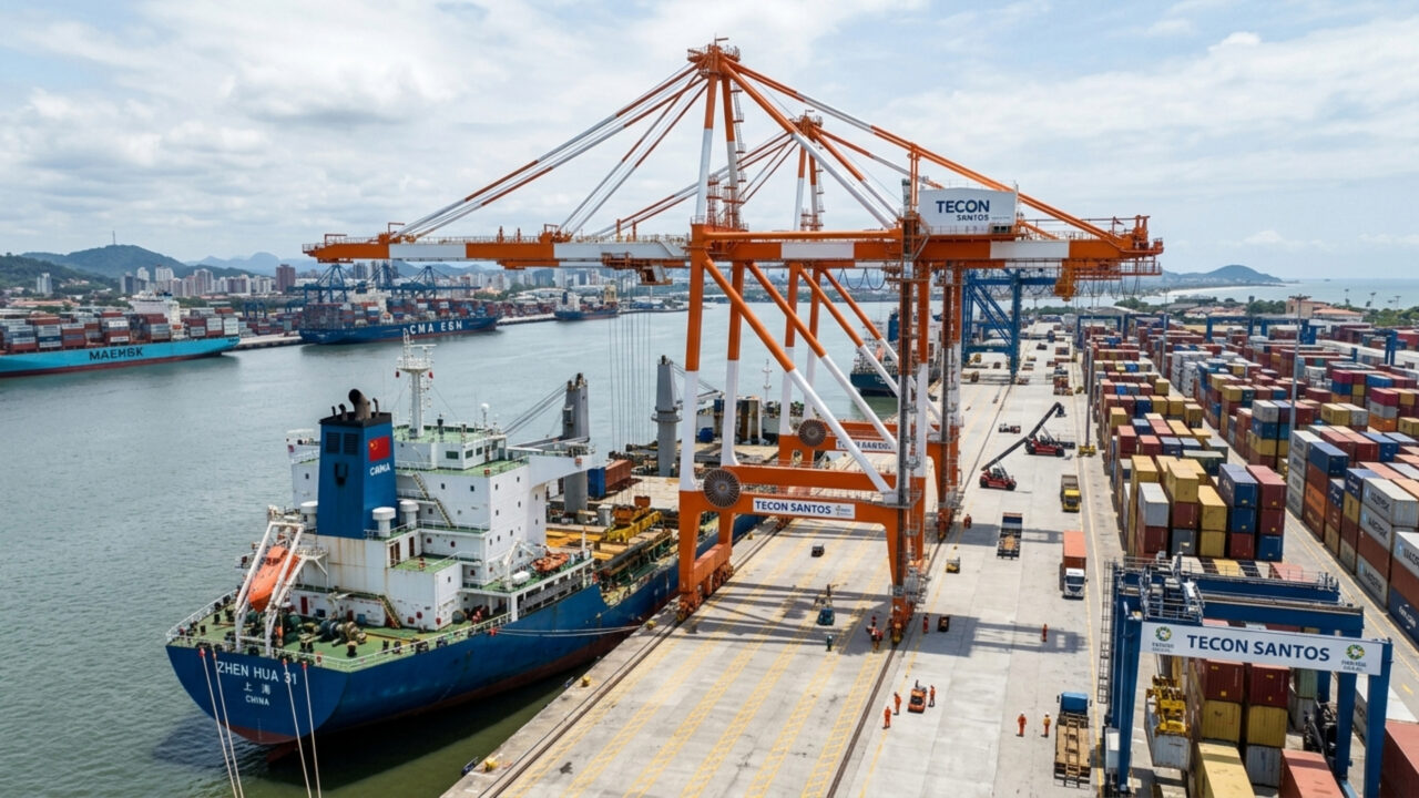 Navio chinês atraca no Porto de Santos com peças de 50 metros de altura: o que é a carga e para qual obra ela vai