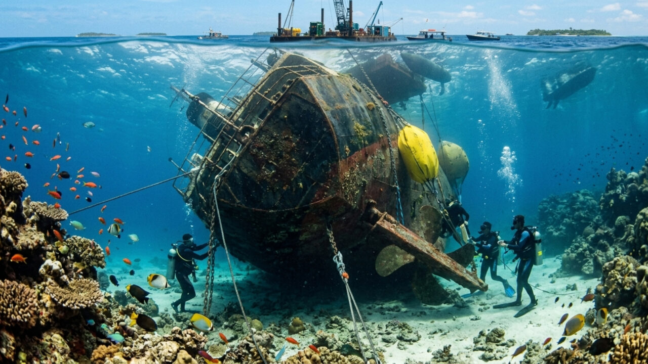 Navio de 499 toneladas foi afundado de propósito para virar recife, mas virou de cabeça para baixo no fundo do mar
