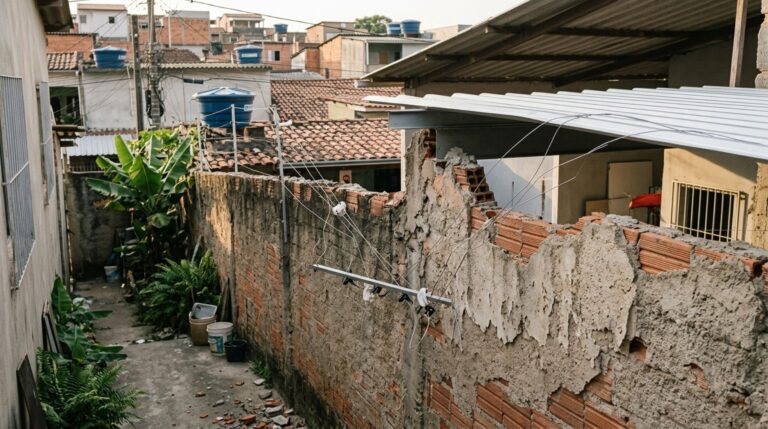 Casal encontra fios da cerca elétrica soltos depois que o vizinho derruba o topo do muro para apoiar uma cobertura, pede a retirada da obra e a recuperação do sistema de segurança