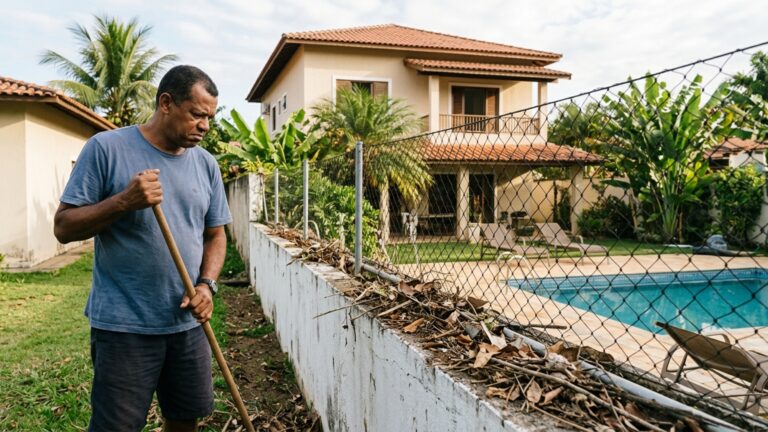 Vizinha coloca tela de proteção para impedir que folhas entrem na piscina e morador ao lado reclama que a estrutura passou a segurar toda a sujeira sobre o muro compartilhado