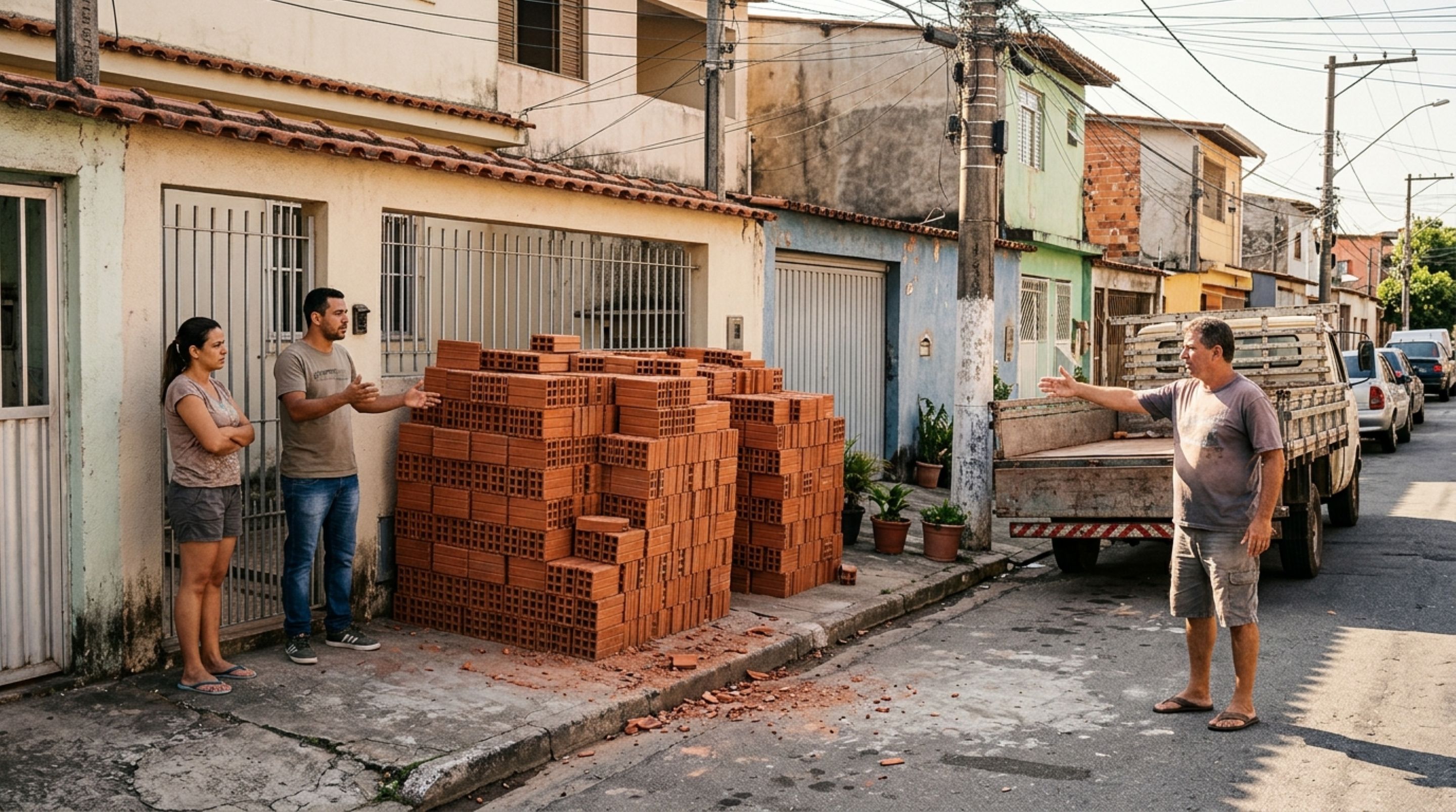 Casal compra 2 mil tijolos para ampliar a casa, mas o caminhão descarrega a carga na calçada do vizinho e o proprietário exige a retirada imediata do material
