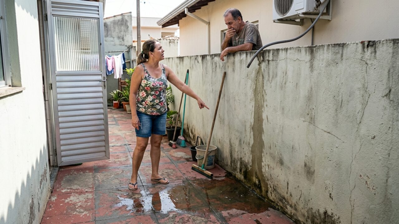 Vizinho instala ar-condicionado no quarto e moradora percebe que a água do aparelho cai diante da sua porta, mantendo molhado o único caminho entre a cozinha e a área de serviço