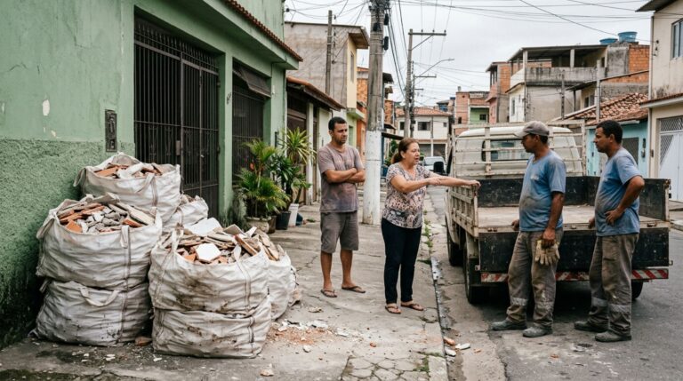 Morador contrata uma equipe para retirar o entulho do quintal e recebe reclamação do vizinho depois que os trabalhadores deixam sacos de resíduos sobre a calçada da casa ao lado