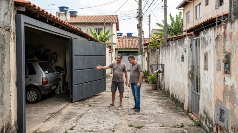 Morador instala um portão maior para proteger sua garagem, vizinho descobre que a abertura ocupa parte da passagem usada há muitos anos e exige a mudança da estrutura, mas a escritura não menciona nenhuma servidão