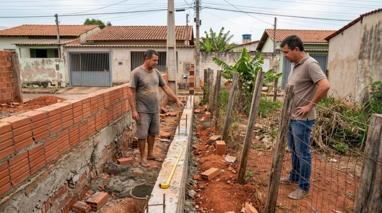 Família contrata pedreiro para construir um muro de divisa, vizinho descobre que a fundação avançou 40 centímetros para dentro de seu terreno e exige a demolição, mas uma medição antiga mostra que a cerca já estava fora do alinhamento
