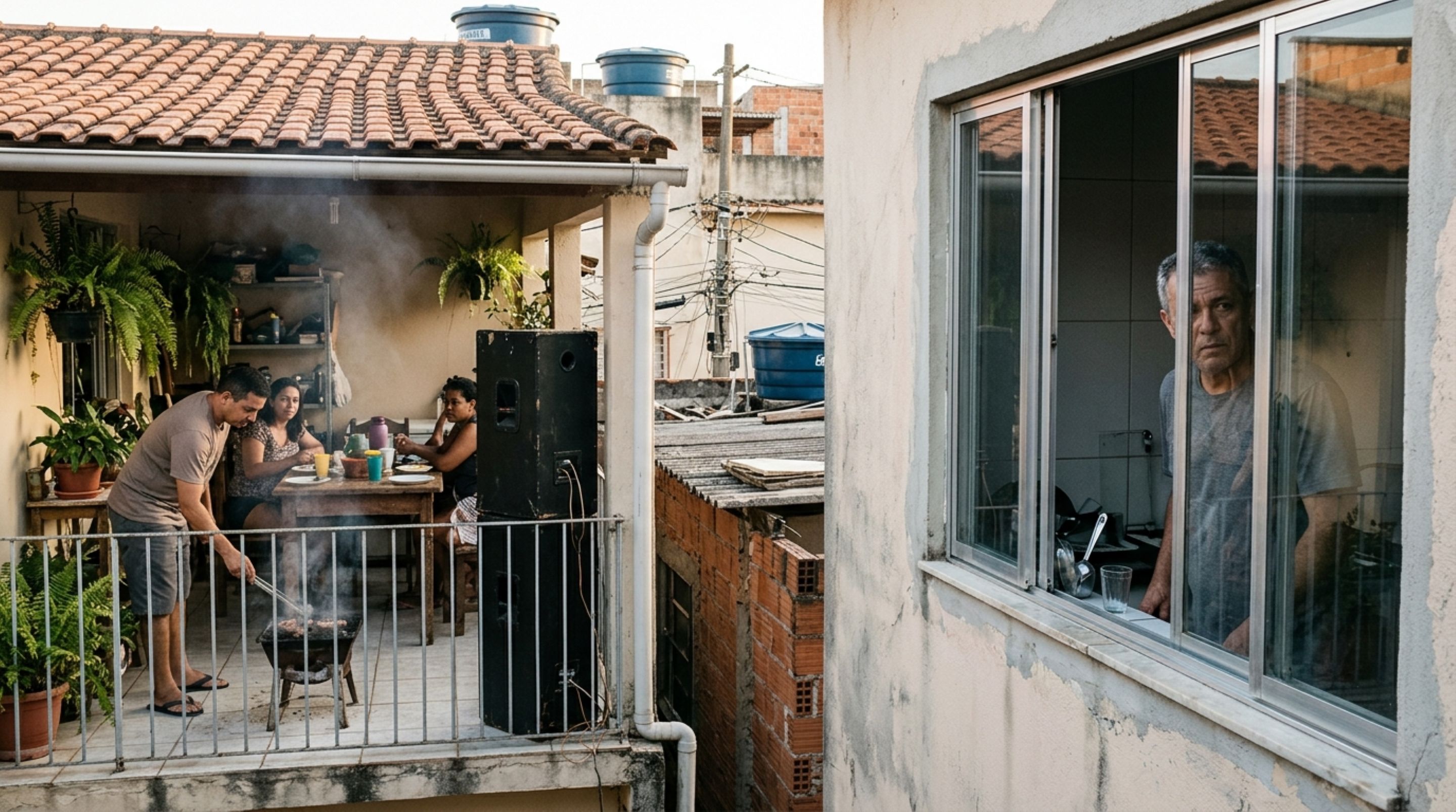 Casal instala caixas de som na varanda para ouvir música durante os churrascos, e vizinho percebe que os graves fazem os vidros da cozinha vibrarem