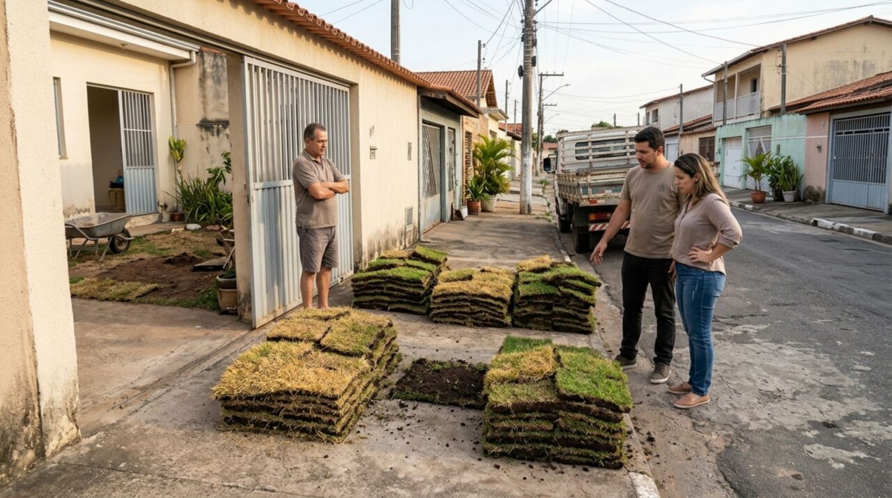 Família encomenda placas de grama para reformar o jardim e descobre que a entrega foi deixada na entrada do imóvel vizinho, onde parte do material começou a secar antes da retirada
