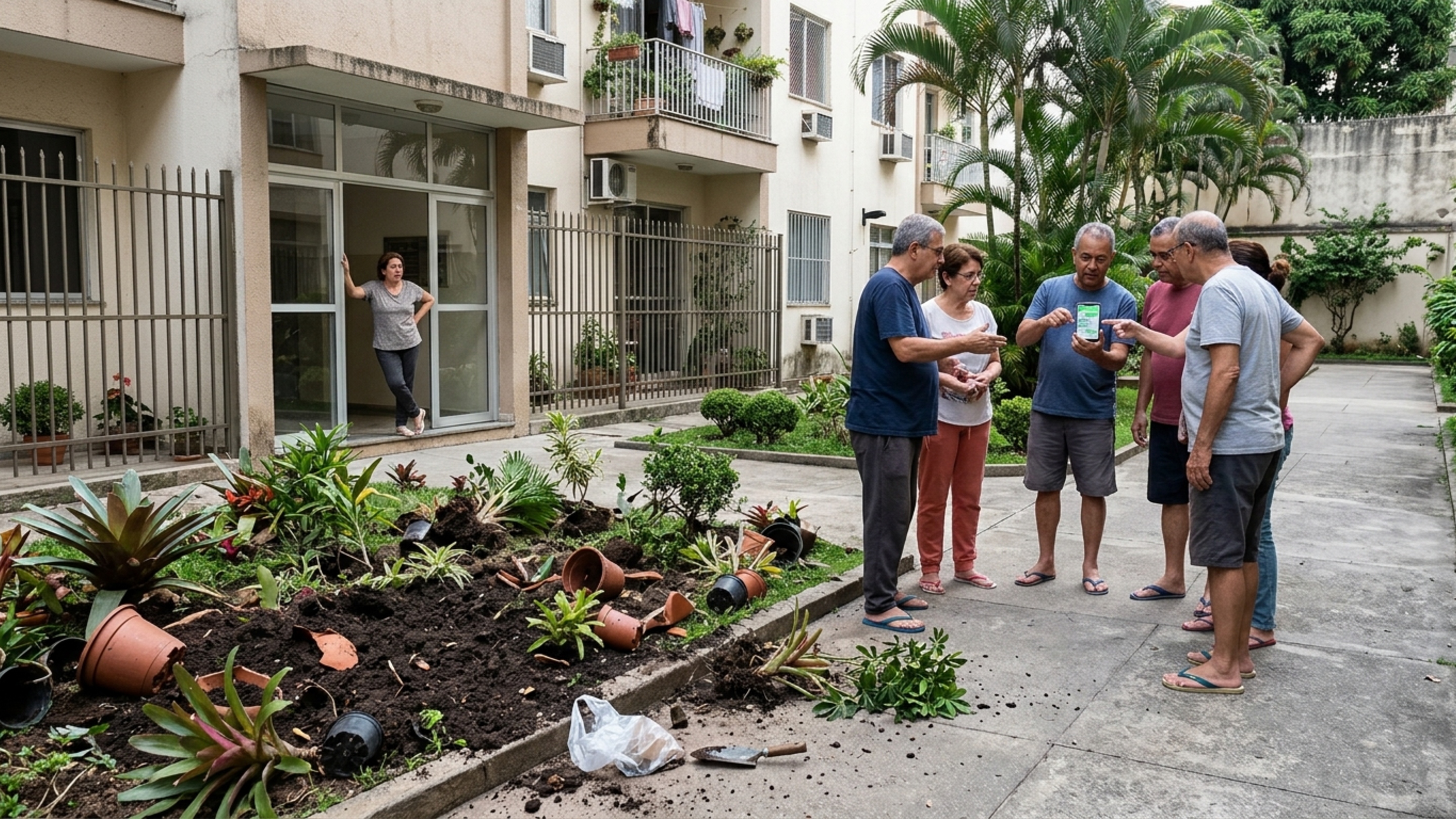 Moradores transformam o jardim comum em estacionamento por meio de uma enquete no grupo e descobrem que a votação informal não substitui uma deliberação feita conforme as regras do condomínio