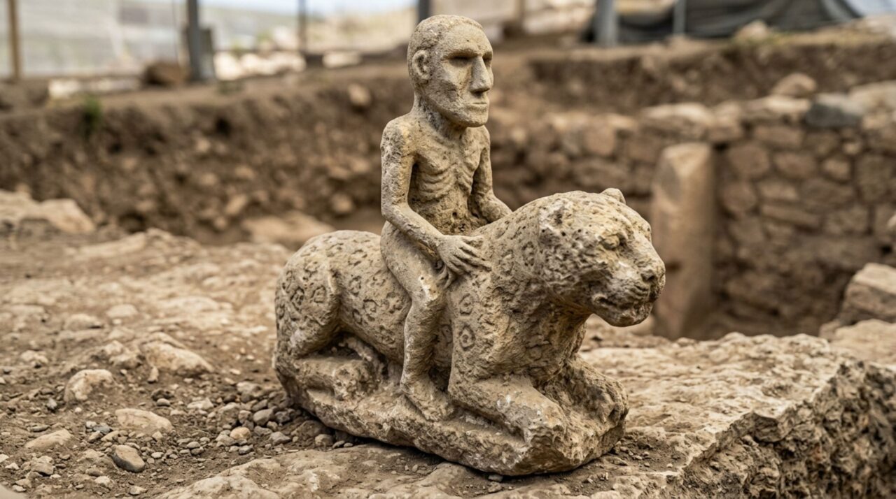 Peça de 70 centímetros mostra uma figura humana sentada sobre um leopardo