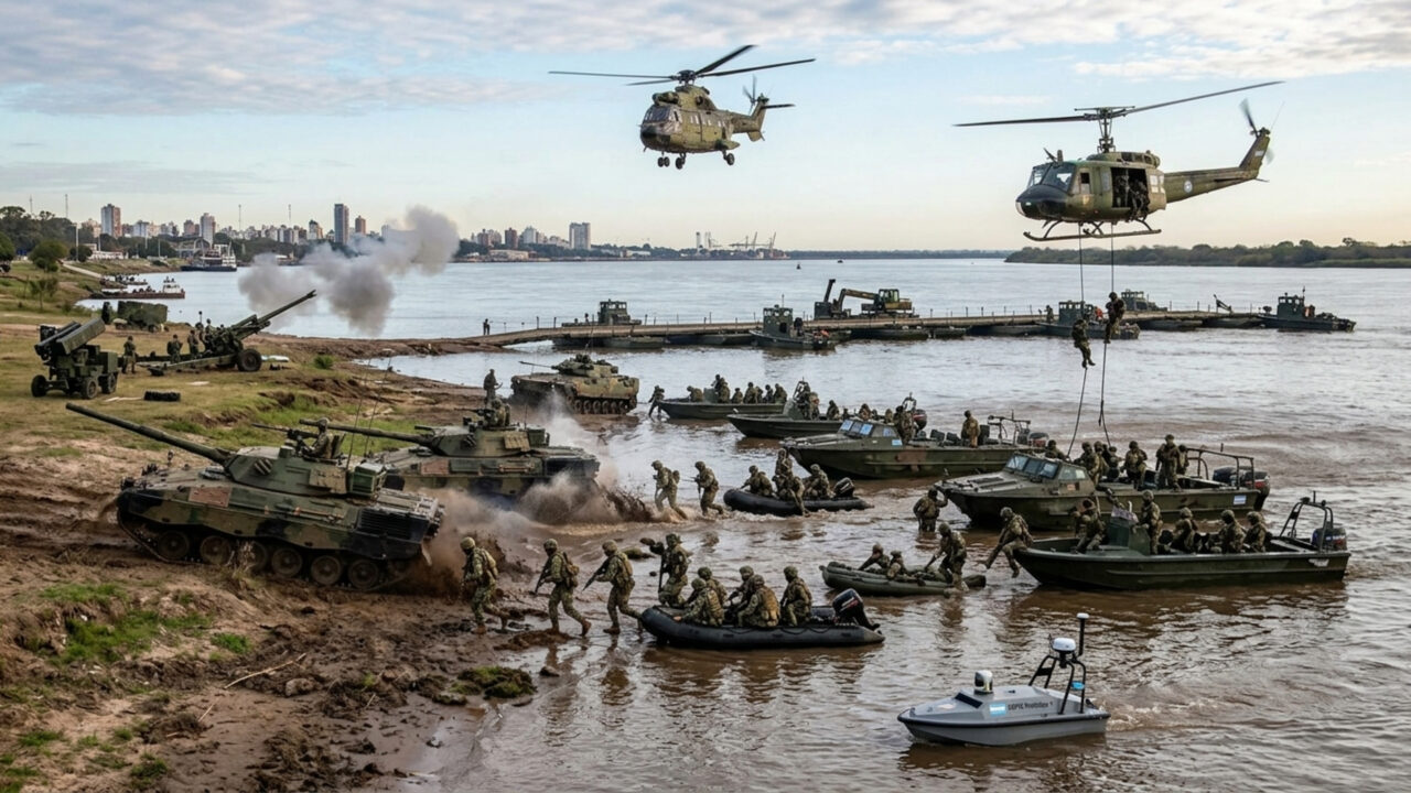 O Exercício Biguá mobiliza mais de 30 unidades do Exército Argentino em operação no rio Paraná