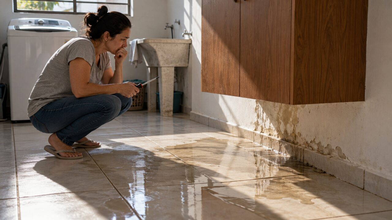 O novo armário esconde perfeitamente canos e registros da lavanderia, mas um pequeno vazamento transforma a aparência limpa em problema porque ninguém consegue fechar a água rapidamente