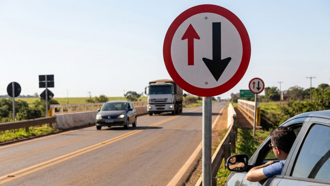 O que significa a placa de trânsito que tem uma borda, uma seta preta e uma seta vermelha?