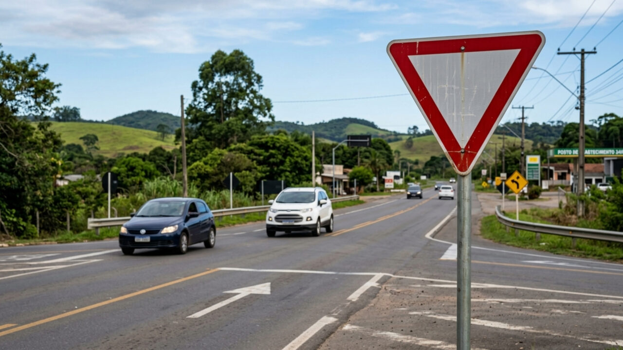 O que significa o triângulo de ponta-cabeça com fundo branco e borda vermelha, a placa que muita gente confunde com “atenção” e que obriga o motorista a parar se vier alguém