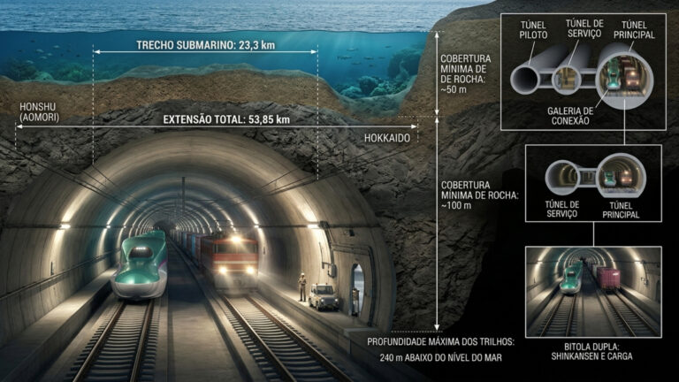 O túnel ferroviário de 53 km que passa por baixo do mar no Japão e liga duas ilhas