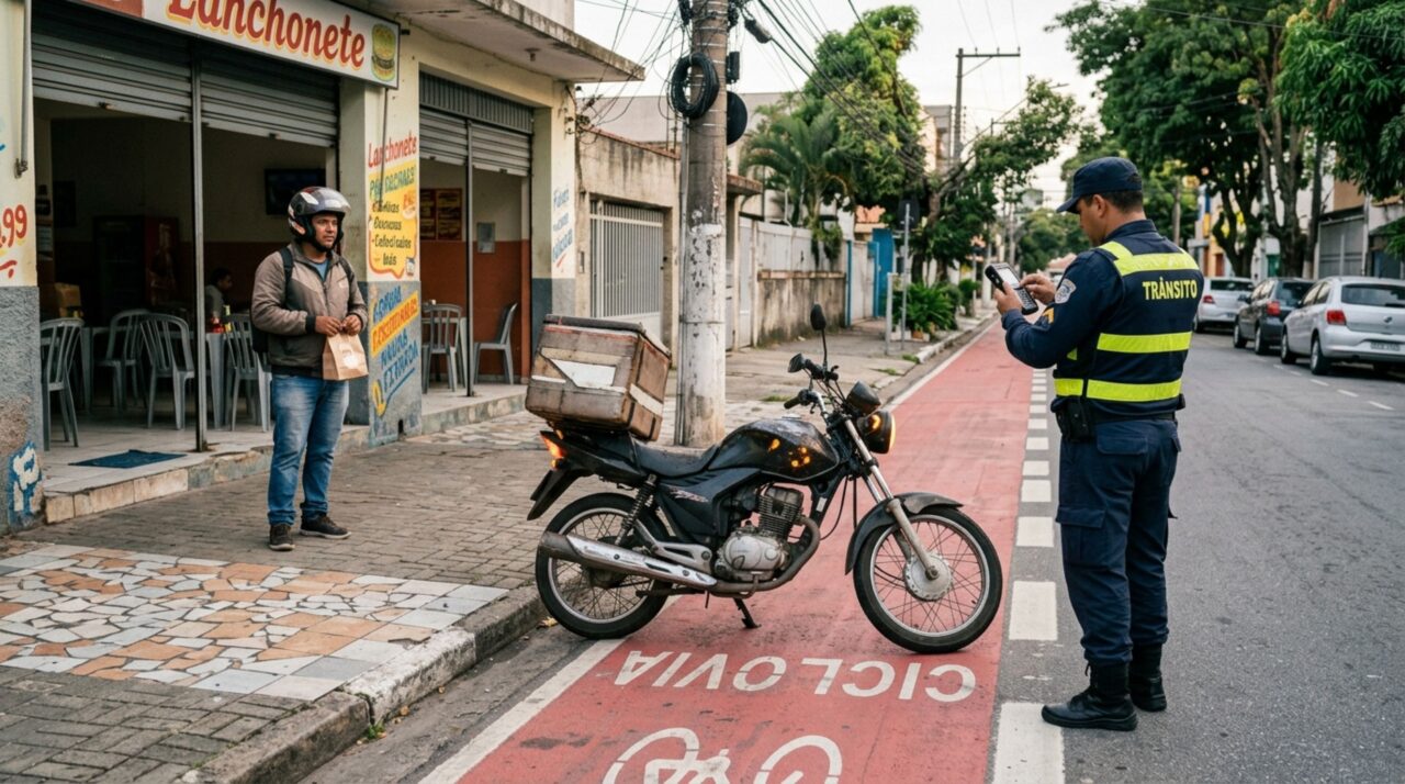 Entregador deixa a motocicleta na ciclofaixa por poucos minutos para retirar um pedido, liga o pisca-alerta e descobre que a rapidez da entrega não elimina as regras de parada e estacionamento