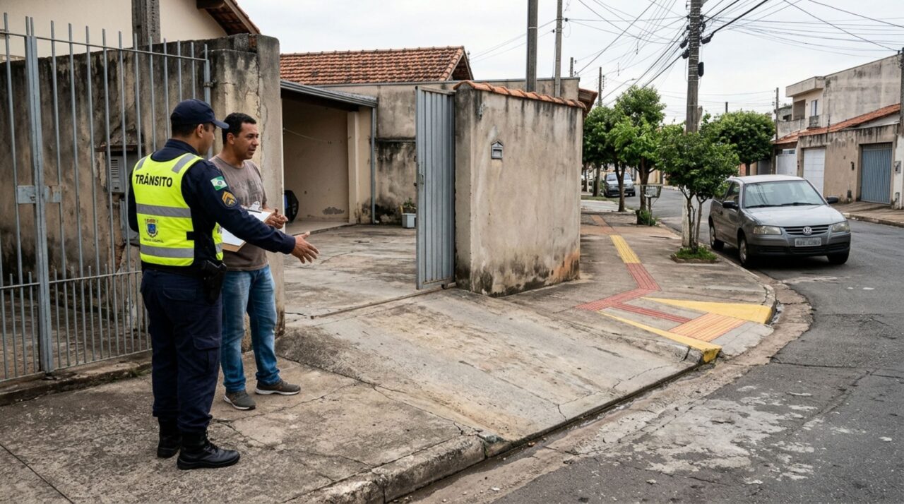 Motorista estaciona ao lado de uma guia rebaixada porque não existe garagem no imóvel e descobre que a presença de uma rampa exige atenção à finalidade do acesso e às regras de estacionamento