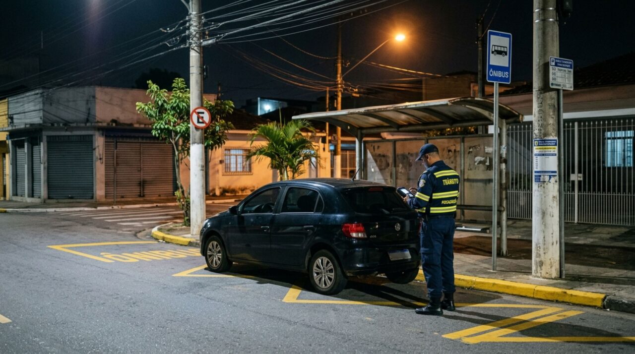 Motorista deixa o carro em um ponto de ônibus durante a madrugada, afirma que nenhuma linha circula naquele horário e descobre quando a sinalização e a área reservada continuam valendo