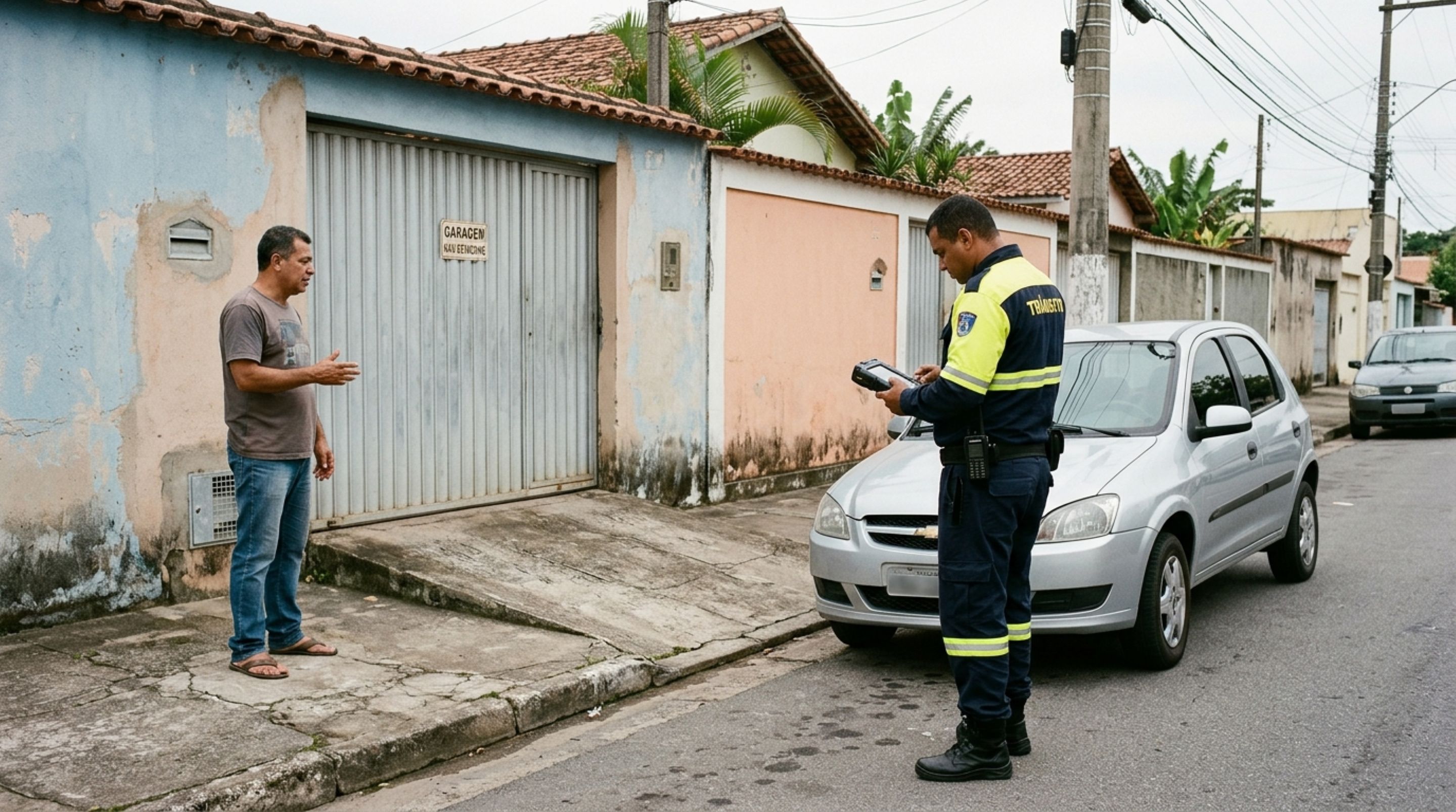 Morador estaciona o carro em frente à própria garagem para impedir que desconhecidos ocupem a entrada e descobre que ser dono do imóvel não afasta a possibilidade de multa