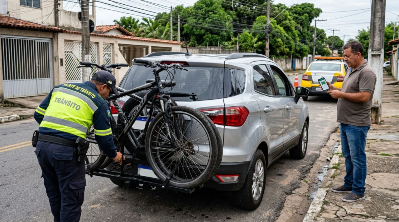 Homem instala um suporte para transportar bicicletas na traseira do carro, acredita que o CRLV atualizado evita problemas e descobre na fiscalização por que a identificação da placa também precisa permanecer visível