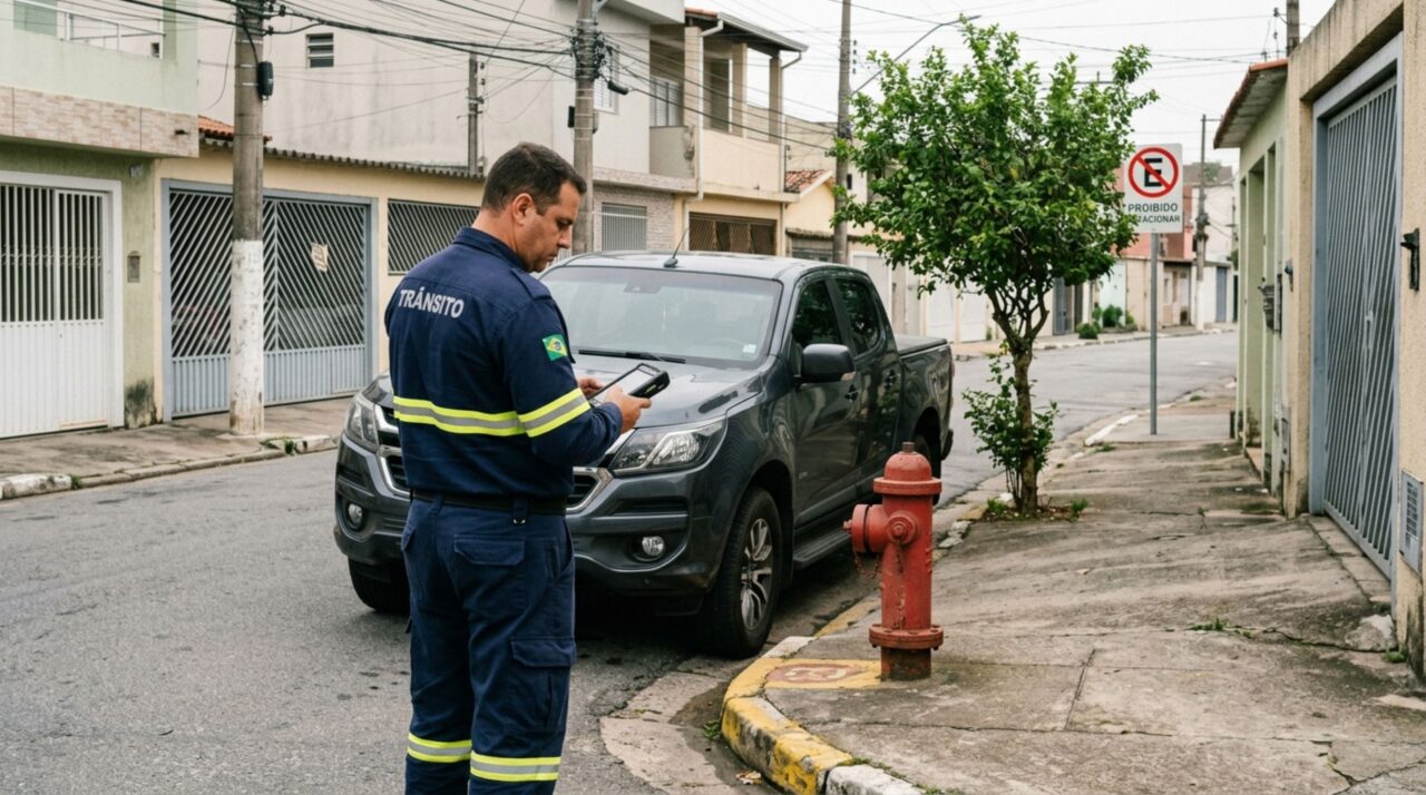 Dono de caminhonete estaciona ao lado de um hidrante identificado na rua, acredita que o equipamento só precisa ficar livre em caso de incêndio e descobre por que o CTB protege esses pontos de acesso
