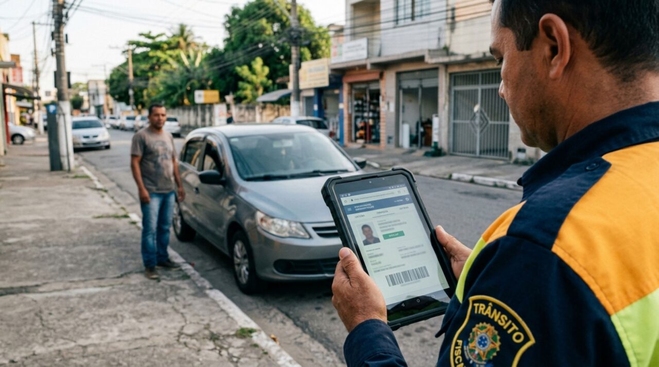 Motorista é parado por blitz de trânsito, ao ser requisitada sua CNH, o condutor afirma ter esquecido o documento físico em casa e acredita que sofrerá penalidades por isso, mas agente afirma que é possível liberá-lo com documentação eletrônica
