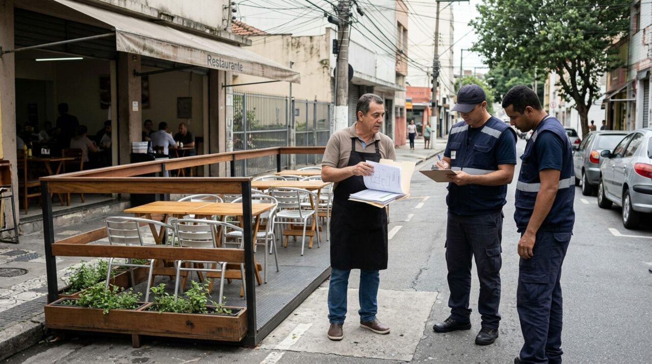 Restaurante ocupa vagas na rua para colocar cadeiras e mesas do estabelecimento, motorista, não encontrando onde estacionar, questiona o proprietário se está correto e resolve chamar agentes para verificar a situação no local