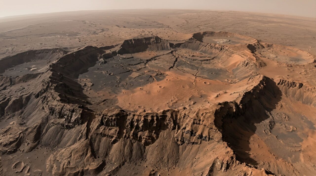 Caldeira de Olympus Mons preserva depressões formadas por sucessivos episódios de colapso vulcânico