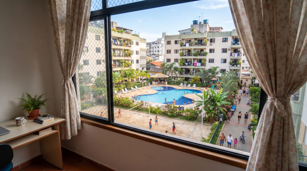 Casal anda sem roupas pelo apartamento com as cortinas abertas de frente para a área de lazer do prédio. Vizinhos denunciam ao síndico, que emite advertência, alertando para o crime de ato obsceno e regras de convivência