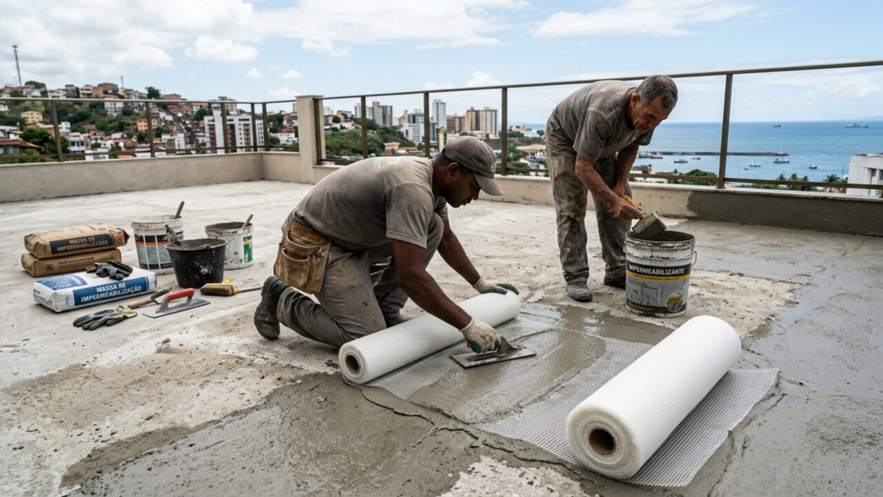Os pedreiros demoraram, mas revelaram: colocar uma malha de fibra de vidro sobre o cimento é o melhor truque para impermeabilizar um terraço e evitar vazamentos