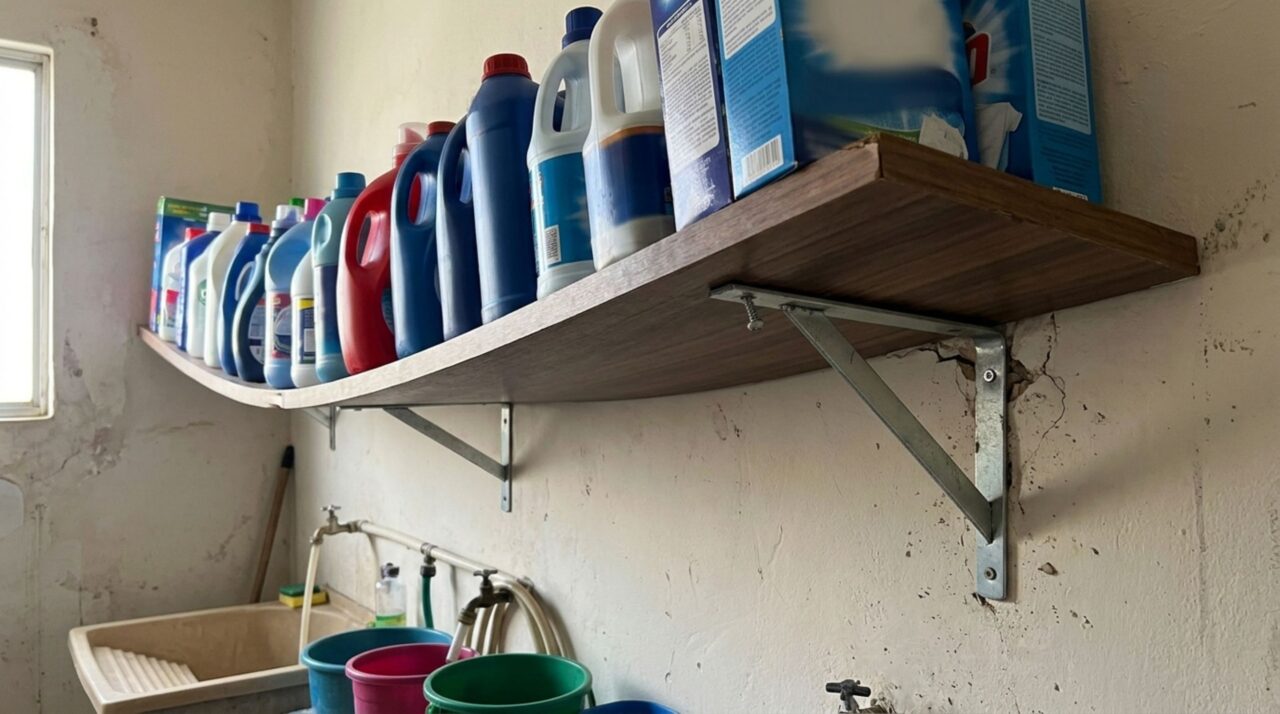Família fixa uma prateleira pesada na lavanderia e, depois de enchê-la com produtos, percebe que os parafusos foram colocados numa parede sem apoio suficiente para a carga