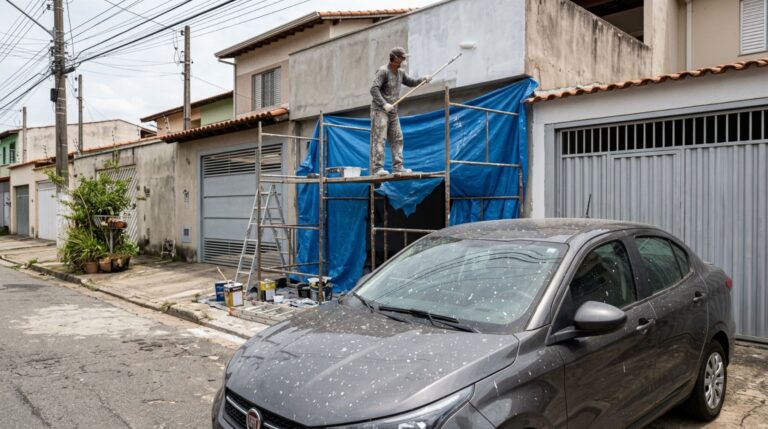 Família contrata uma empresa para pintar a fachada, tinta respinga sobre o carro do vizinho estacionado na rua e dono do veículo exige reparação, mas imagens mostram se havia proteção durante o serviço