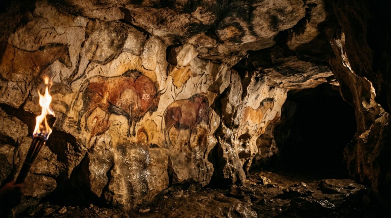 Pinturas pré-históricas parecem ganhar movimento quando a luz muda dentro da caverna e o relevo da rocha entra na cena