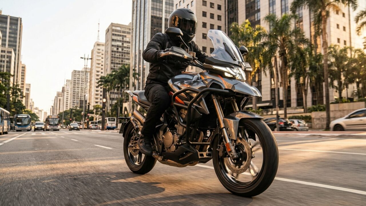 Para-brisa com ajuste elétrico, sensores de pressão dos pneus e tanque de 19 litros equipam esta moto de 41 cv preparada para viagens sem abandonar a agilidade urbana