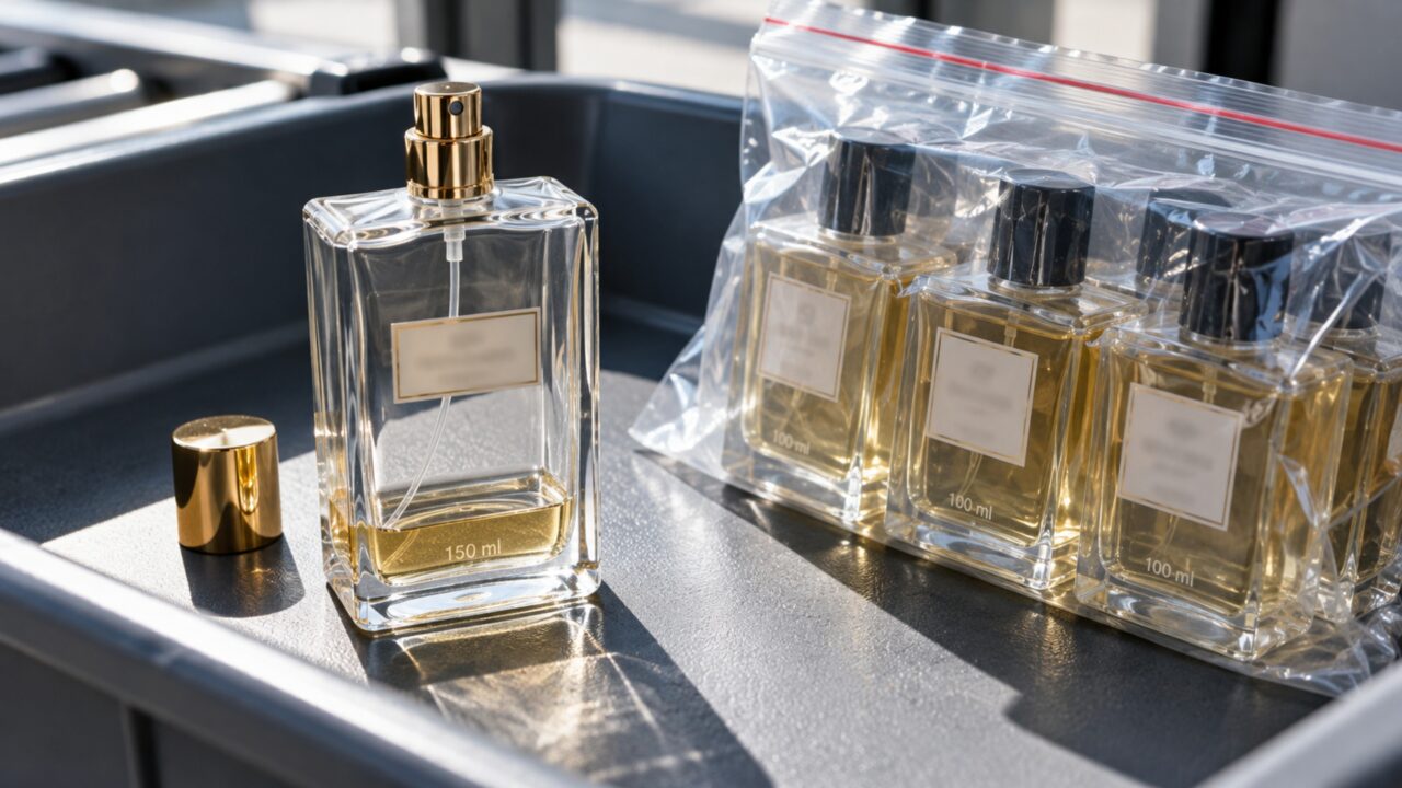 Passageira leva um perfume quase vazio na bagagem de mão e contesta a inspeção do aeroporto porque o frasco tem capacidade maior que o limite permitido