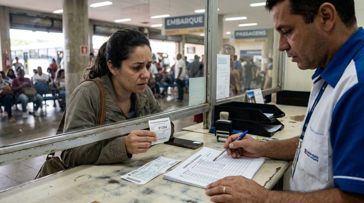 Passageira desembarca de um ônibus interestadual, não encontra a mala com seus documentos e é informada de que todas as bagagens foram entregues, mas a conferência dos canhotos revela que outro viajante retirou um volume sem apresentar a identificação correspondente