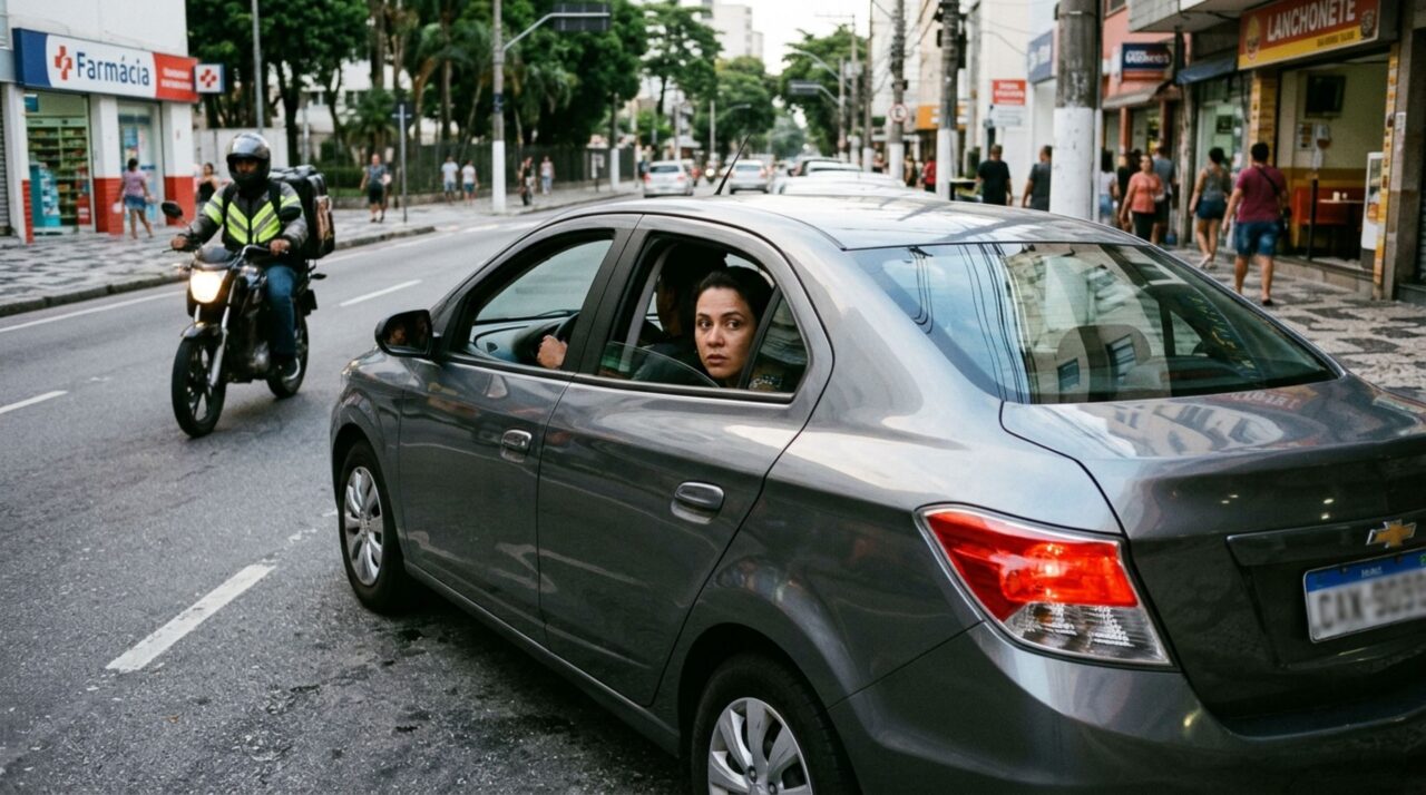 Motorista de aplicativo tenta desembarcar uma passageira no lado esquerdo de uma avenida movimentada e descobre por que a escolha da porta pode colocar pessoas em risco e contrariar as regras de segurança