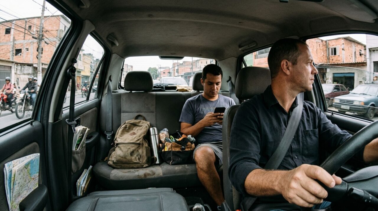 Passageiro senta no banco traseiro e deixa o cinto solto porque a viagem é curta: a obrigação vale para quem dirige e para quem está atrás