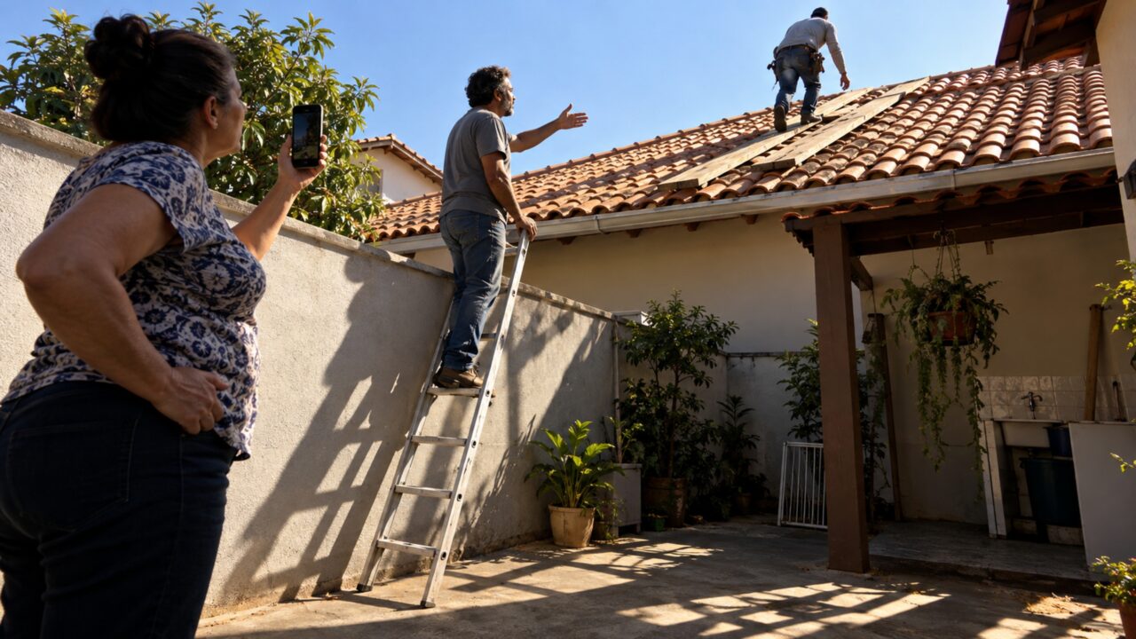 Pedreiros usam o telhado de outra casa para alcançar uma obra, e proprietária exige a retirada das tábuas colocadas sobre as telhas