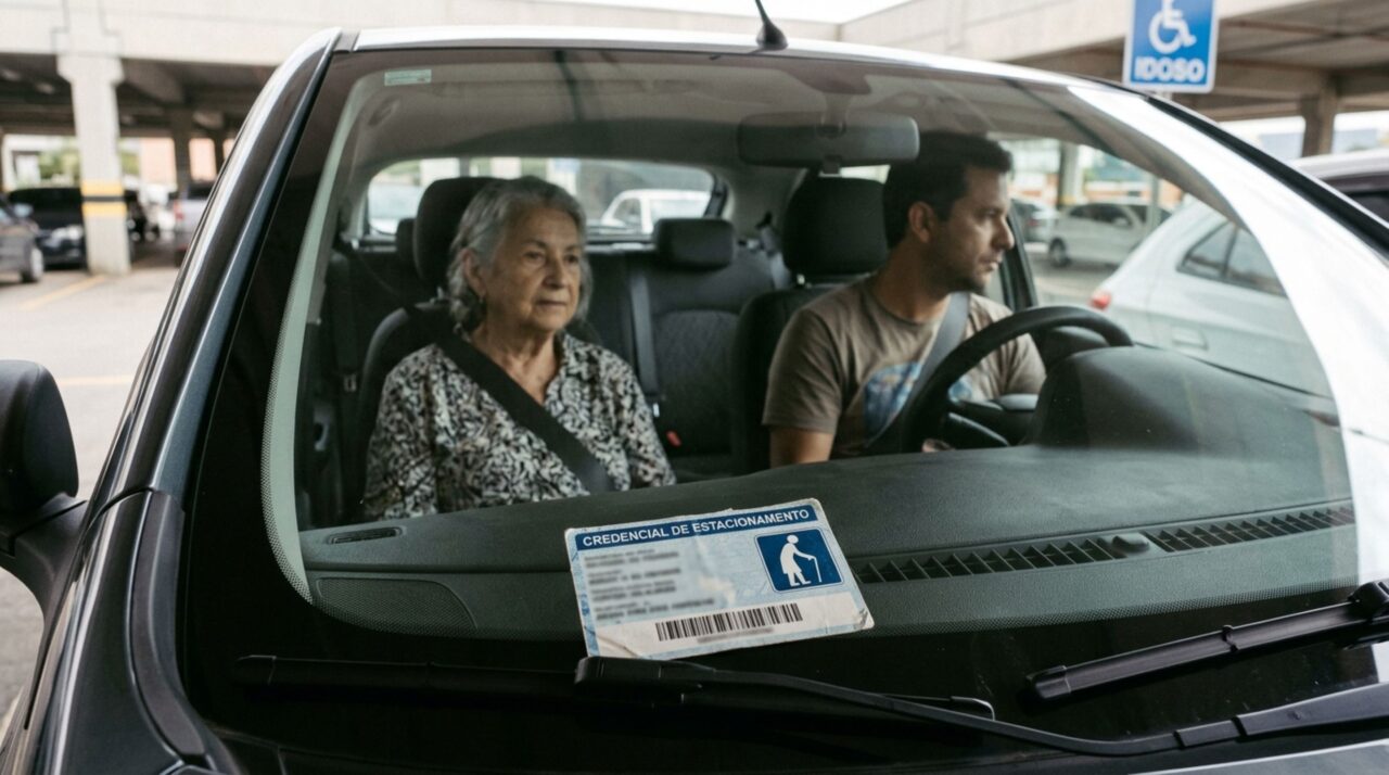 Motorista de aplicativo busca uma passageira idosa em um shopping, utiliza uma vaga reservada e descobre que trabalhar transportando idosos não garante autorização permanente para estacionar ali