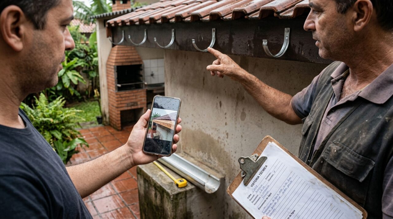 Proprietário amplia o telhado para cobrir sua churrasqueira, primeira chuva forte alaga o quintal vizinho e danifica móveis guardados na área externa, mas fotografias da obra mostram que a calha foi retirada durante a reforma