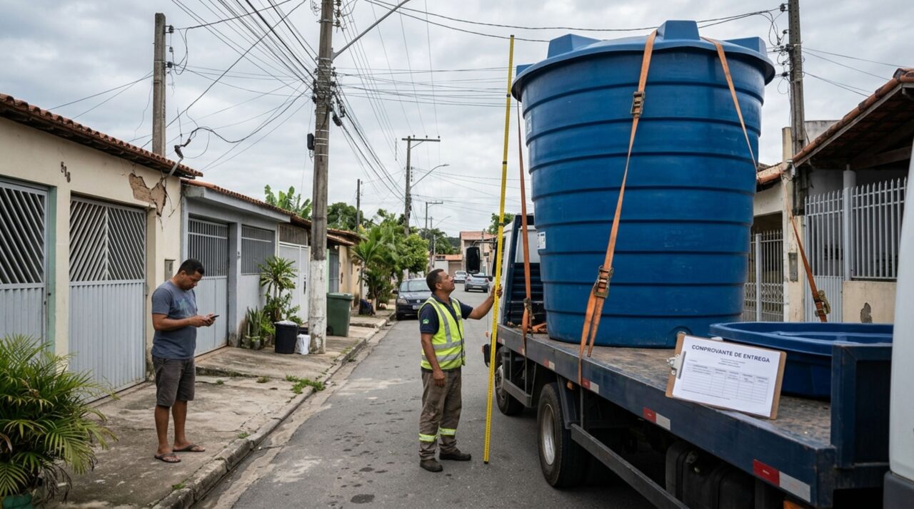 Família compra um reservatório de água para instalar sobre a garagem, caminhão da transportadora danifica os fios da casa vizinha e proprietário recebe cobrança pelo reparo, mas imagens mostram a altura da carga