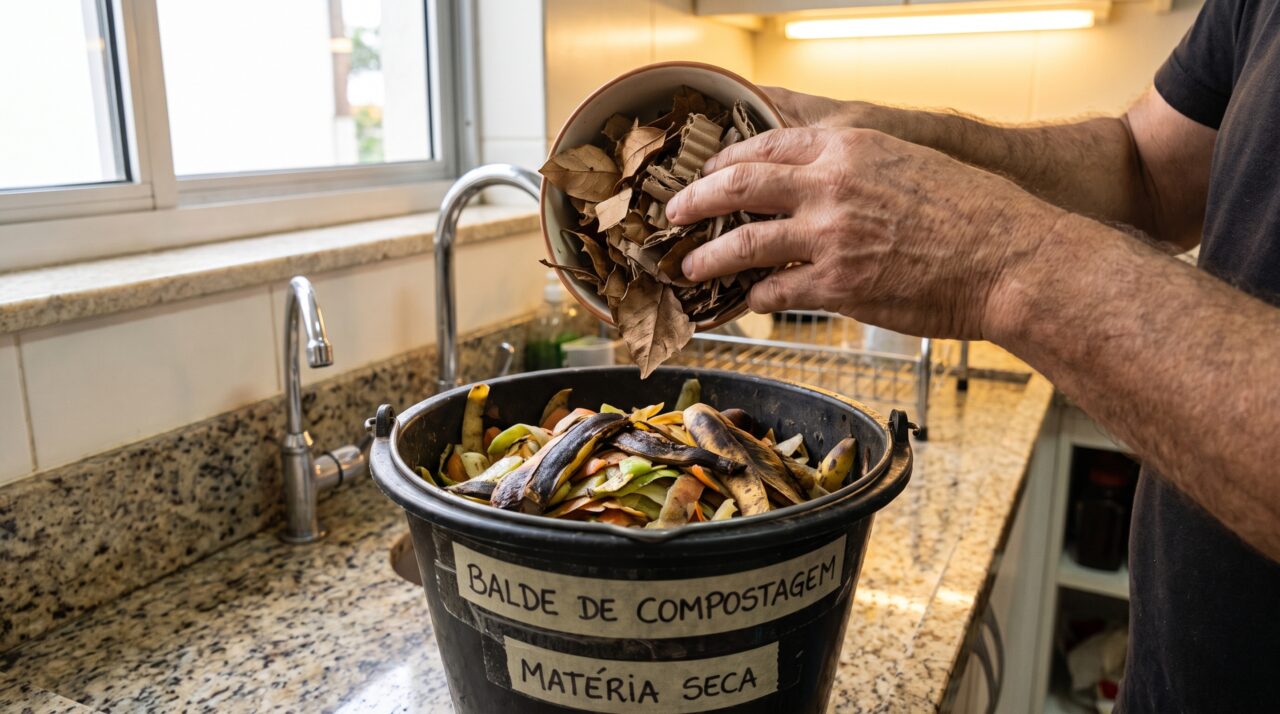 Uma família separa restos da cozinha por algumas semanas e descobre que a compostagem doméstica não exige uma propriedade rural