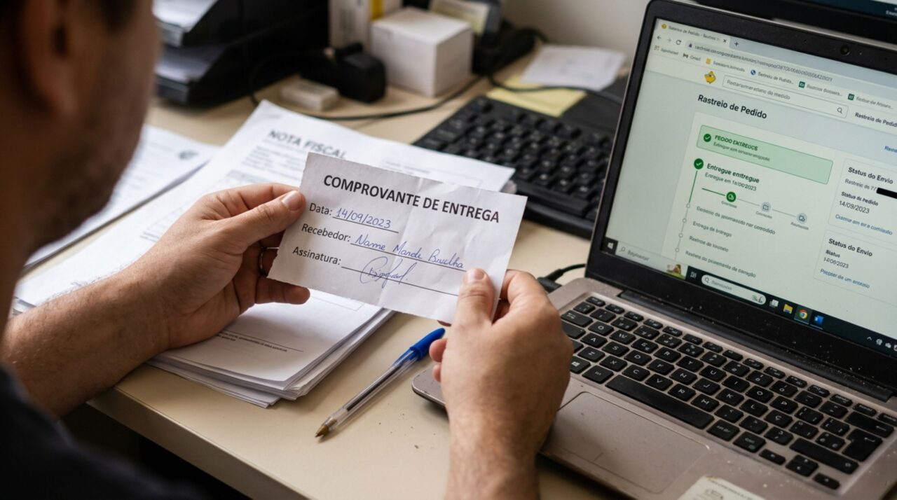 Consumidor vê uma televisão aparecer como entregue, procura o aparelho na transportadora e descobre que o recibo foi assinado por um funcionário que já não trabalhava no endereço, levando a loja a conferir a rota e o comprovante da entrega